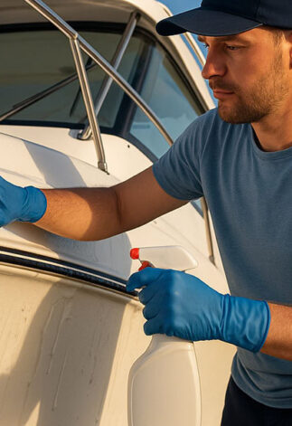 Homem limpando embarcação com esponja e produto específico, realizando manutenção náutica em uma lancha branca durante o dia. Cena ilustra cuidados essenciais de limpeza de barcos para preservar o casco e aumentar a durabilidade da embarcação.