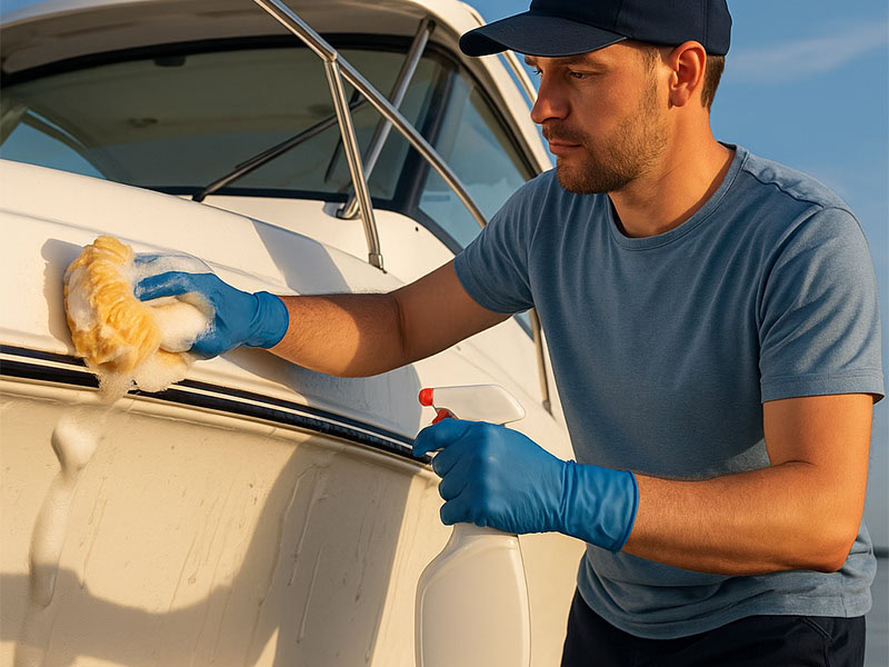 Homem limpando embarcação com esponja e produto específico, realizando manutenção náutica em uma lancha branca durante o dia. Cena ilustra cuidados essenciais de limpeza de barcos para preservar o casco e aumentar a durabilidade da embarcação.