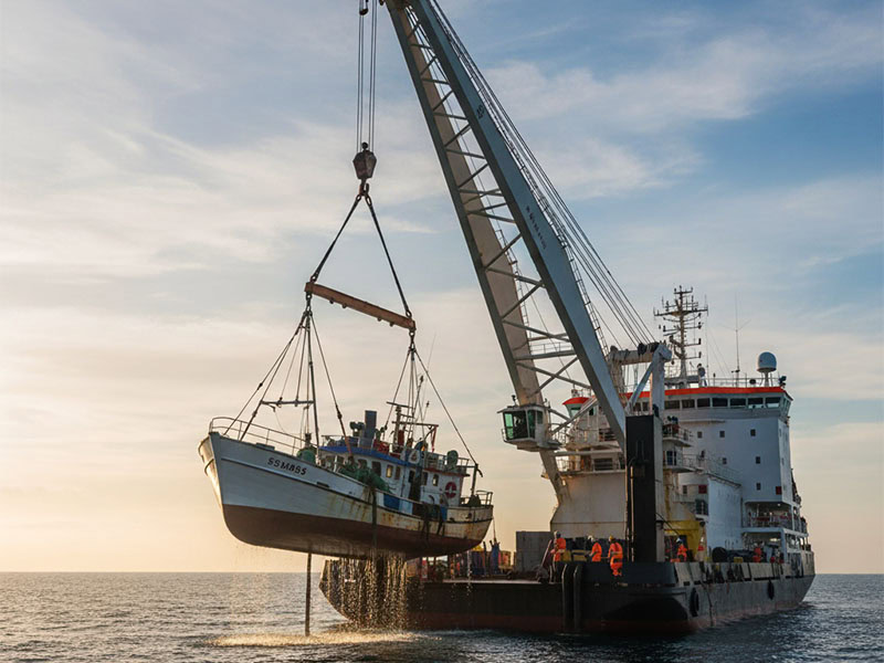 Içamento de uma embarcação de pequeno porte avariada no mar, realizada por um guindaste ou equipamento de içamento em um navio de salvatagem.